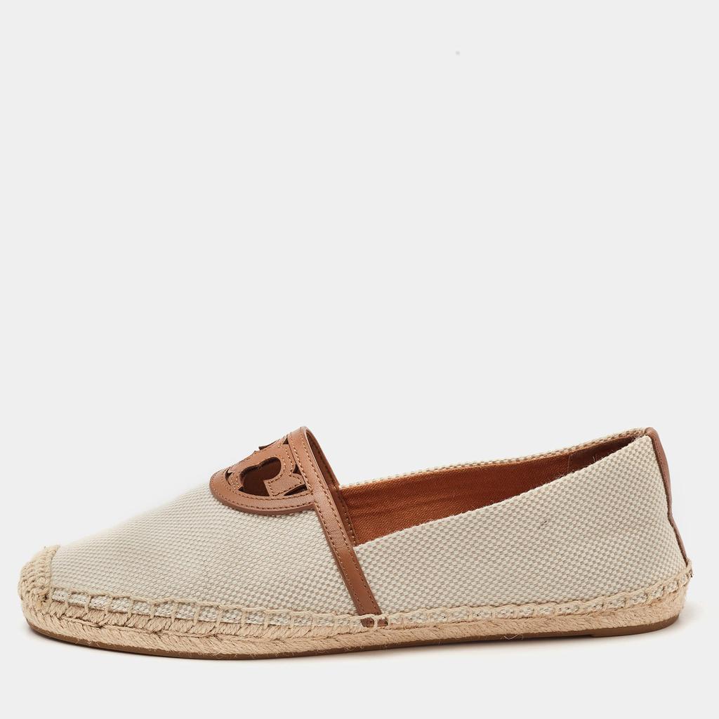 Tory Burch Tory Burch Cream/Brown Canvas Logo Flat Espadrilles Size 39.5
