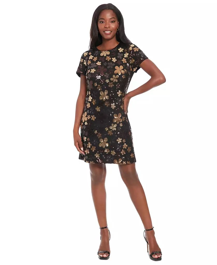 London Times Petite Floral-Sequin Short-Sleeve Dress 1