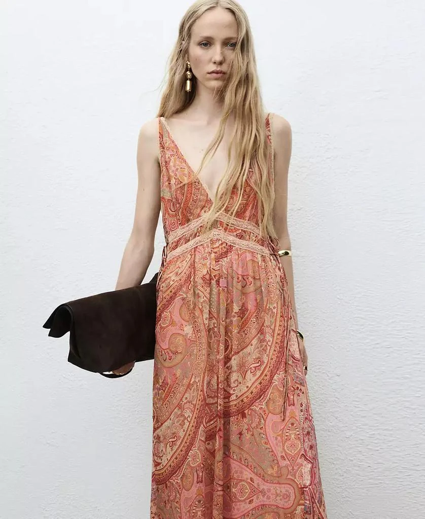 MANGO - Paisley-print dress with Lace Trim Brown - 6 - Woman