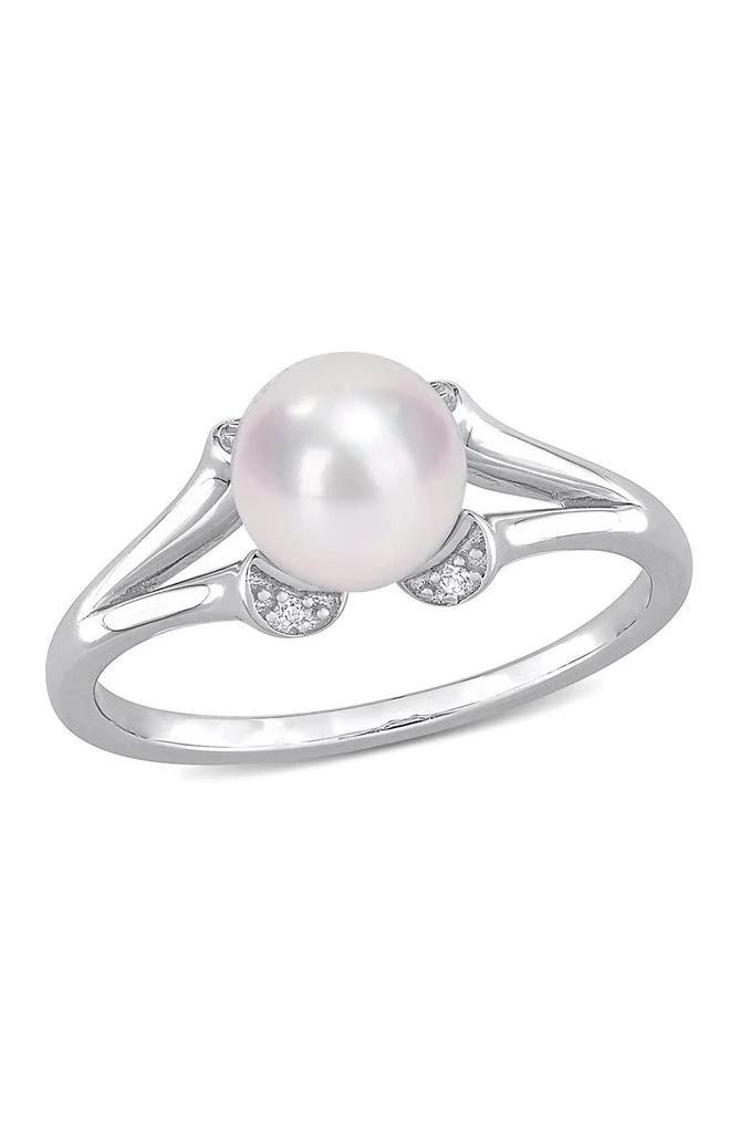 DELMAR Sterling Silver Created White Sapphire 
7 - 7.5mm White Freshwater Cultured Pearl Split-Shank Ring