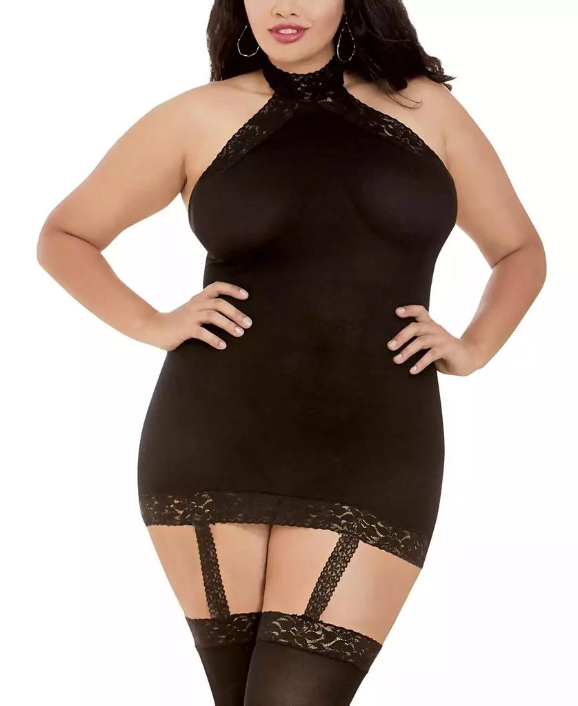 Dreamgirl Women's Plus Size Sheer Halter Garter Dress with Attached Garters and Stockings Lingerie Set 3