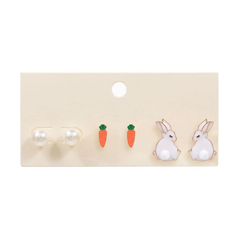 FASHNZFAB 3Pairs - Easter Bunny Carrot Pearl Stud Earrings Set 3