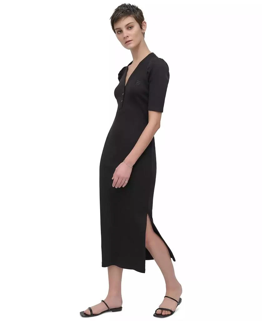 knee length dresses for ladies Long Sleeve Rib Henley Dress Mink / L main image 1
