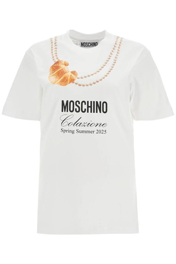 Moschino white cotton t-shirt with croissant and pearls print 1