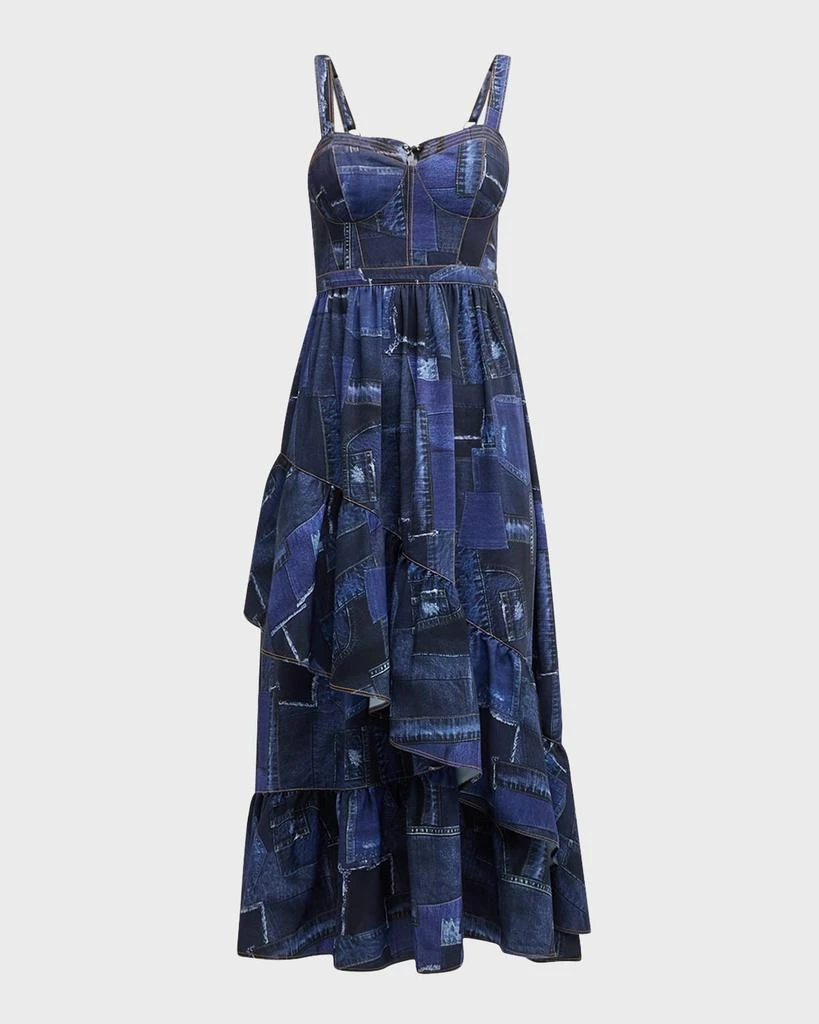 Cinq a Sept Jordyn Patchwork Denim Tiered Ruffle Bustier Midi Dress 3