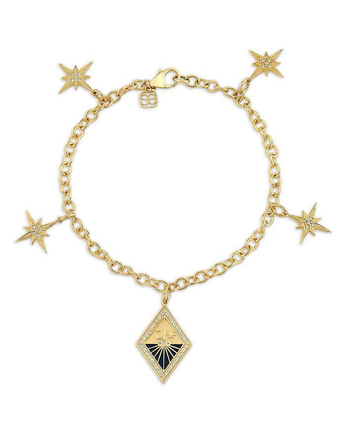 Sydney Evan 14K Yellow Gold Celestial Diamond Multi Starburst and Sundial Medallion Charm Bracelet