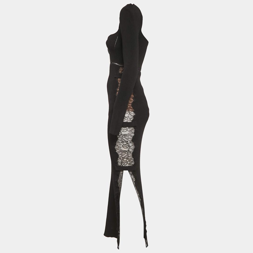 Self Portrait Self-Portrait Black Rib Knit and Lace Midi Dress M