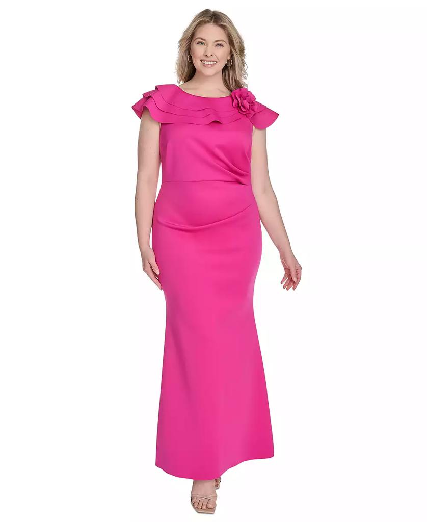 Jessica Howard Plus Size Ruffle-Sleeve Rosette-Trim A-Line Gown
