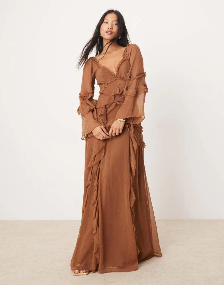 ASOS ASOS DESIGN Petite ruffle v neck long sleeve maxi dress in brown 1
