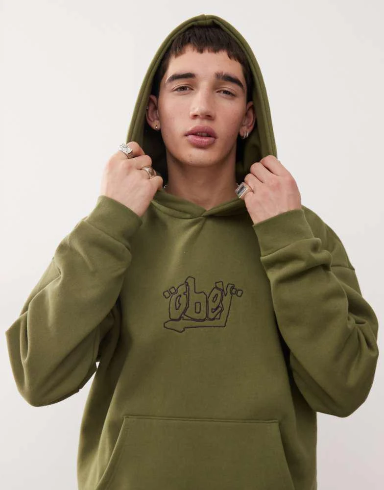 Obey Obey massive graphic heavyweight hoodie in green 1