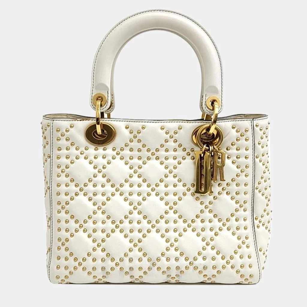 Dior Christian Dior Ivory Leather Studded Cannage Medium Lady Dioe Top Handle Bag 1