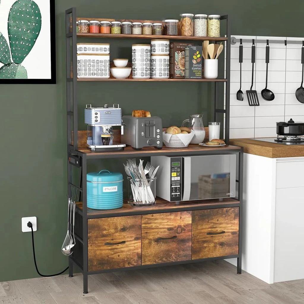 Black Metal Kitchen Baker's Rack with Brown Wood Shelves and Storage ...