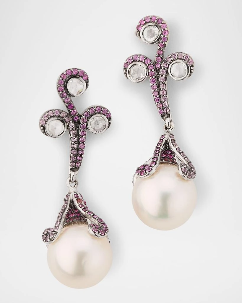BELPEARL 18K White Gold 13mm South Side Pearl, Pink Sapphire, and Diamond Drop Earrings 1