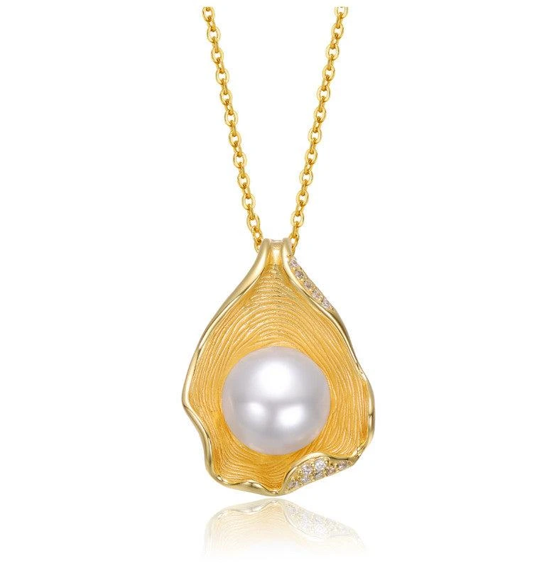 Genevive Sterling Silver 14K Gold Plated with white Freshwater Pearl Mollusk Pendant Necklace