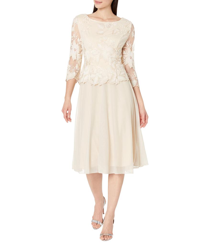 Alex Evenings Tea Length Embroidered Dress with Illusion Sleeve and Scallop Detail Full Skirt