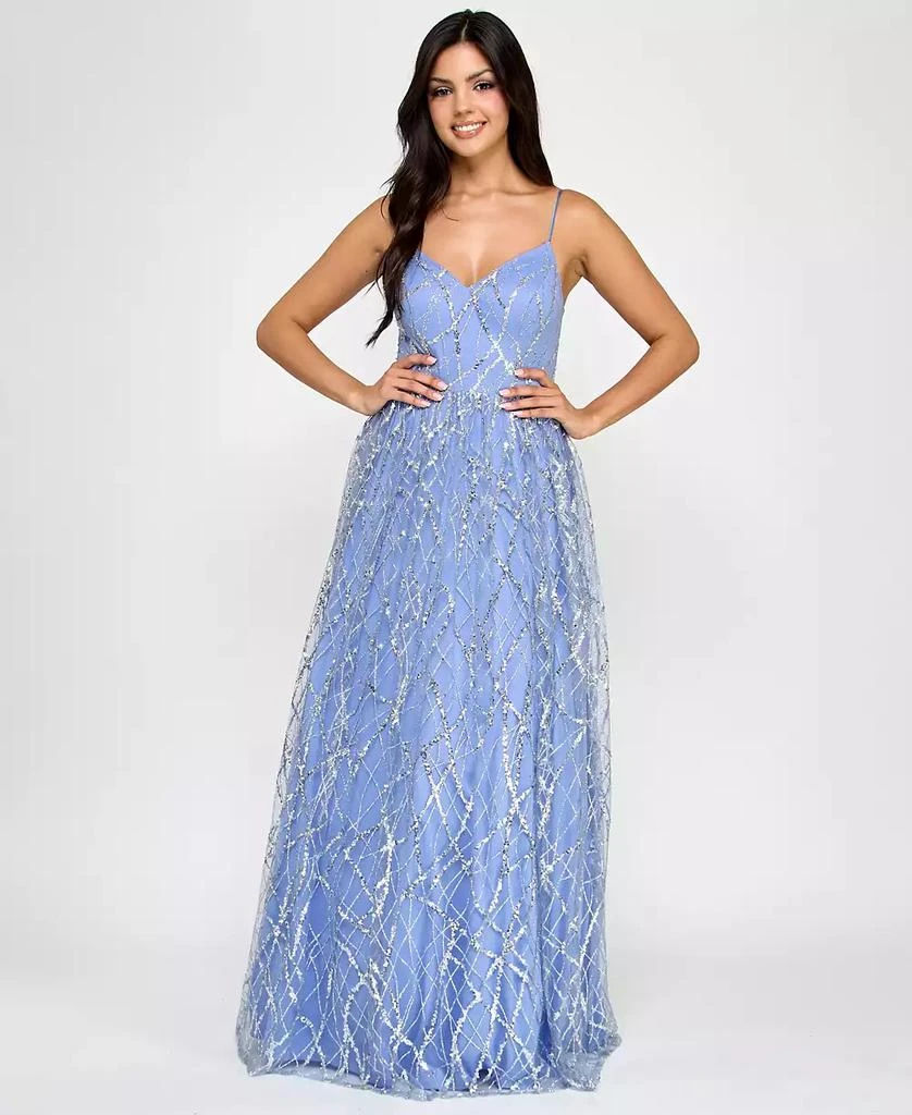 Say Yes Juniors' Glitter-Tulle Lace-Up V-Neck Gown, Created for Macy's 4