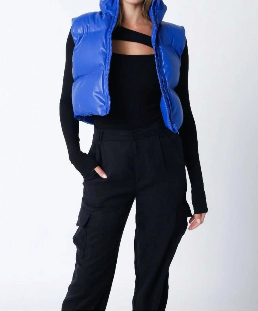 OLIVACEOUS Liza Faux Leather Cropped Puffer Vest In Royal Blue 1