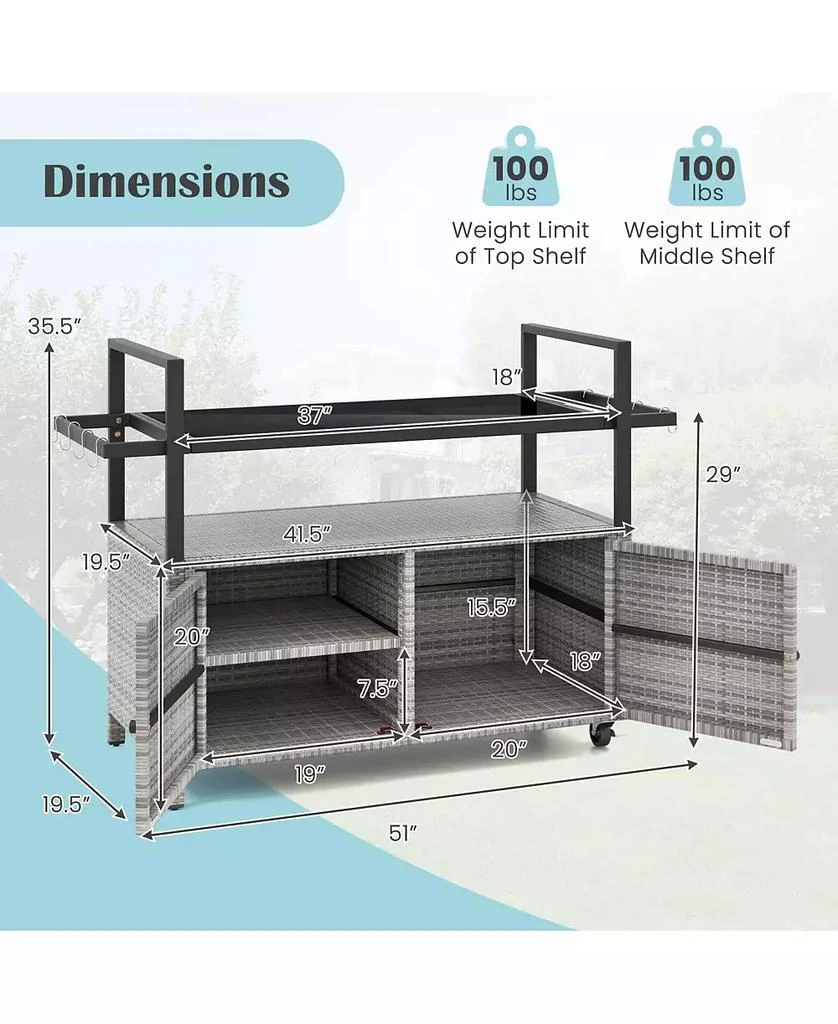 SUGIFT Outdoor Bar Cart Wicker Buffet Serving Cart with Cabinet and 8 Hooks 4