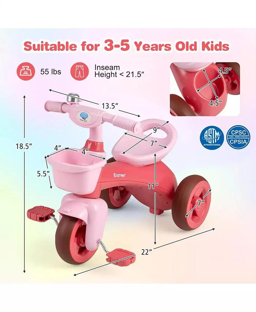 Mecale Toddler Tricycle with Limited Steering with Front Baskets and Bell-Pink 3