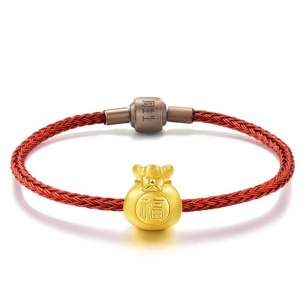 CHOW SANG SANG CHOW SANG SANG 999 24K Solid Gold Blessing Bracelet, Fortune Bag Charm Red Bracelet for Women 89197C