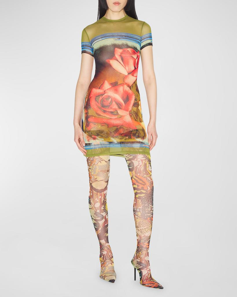 Jean Paul Gaultier Roses-Print Short-Sleeve Mesh Mini Dress