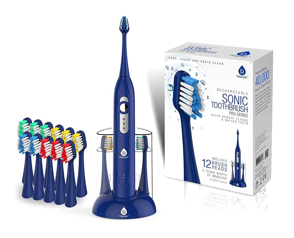 PURSONIC SmartSeries Electronic Power Rechargeable Sonic Toothbrush with 40,000 Strokes Per Minute, 12 Brush Heads Included,BLUE