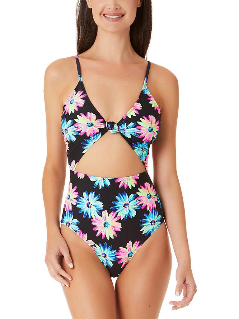 California Waves Juniors Womens Floral Print Cut-Out One-Piece Swimsuit
