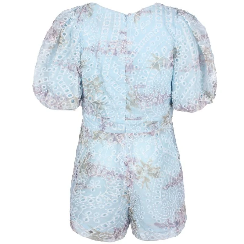Bardot Puff sleeve ruffle special occasion lace jumpsuit in light blue with leaves print 2
