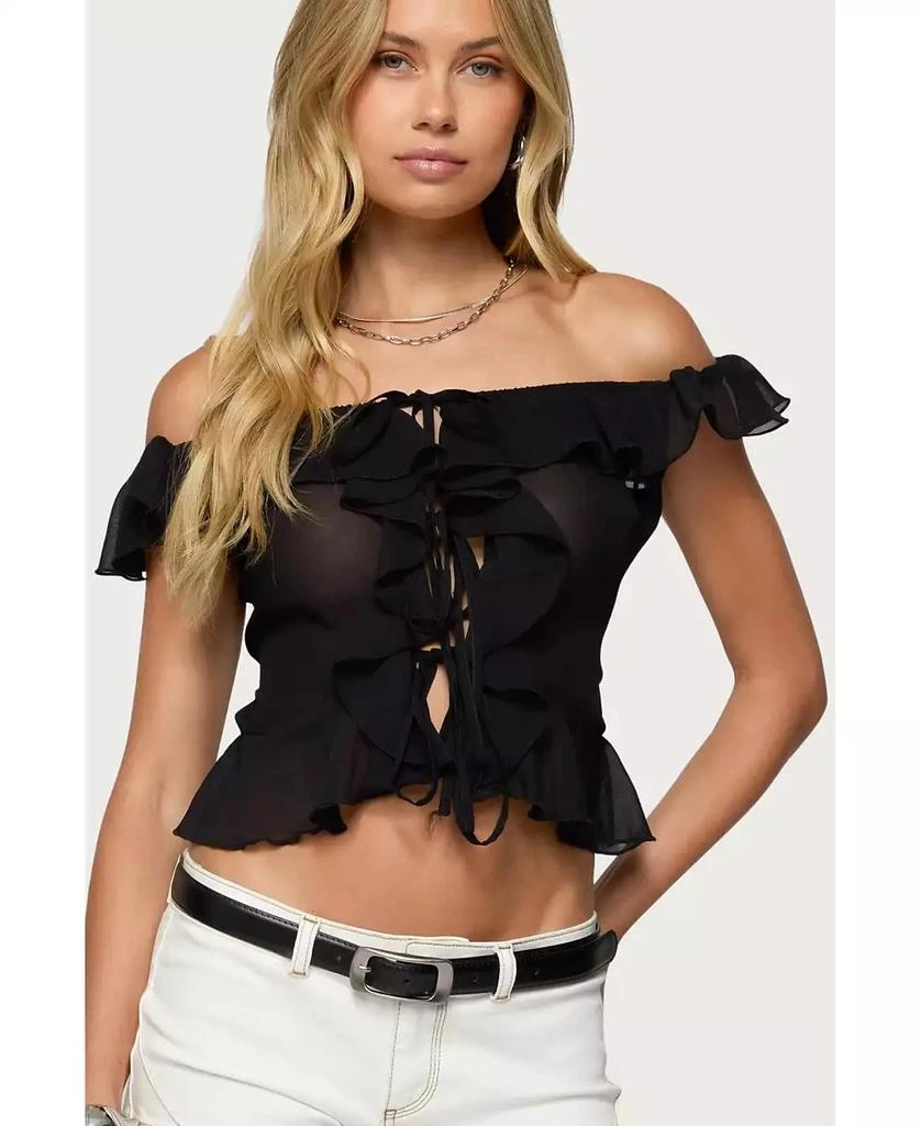 Edikted Women
s Sheer Chiffon Ruffled Off Shoulder Top