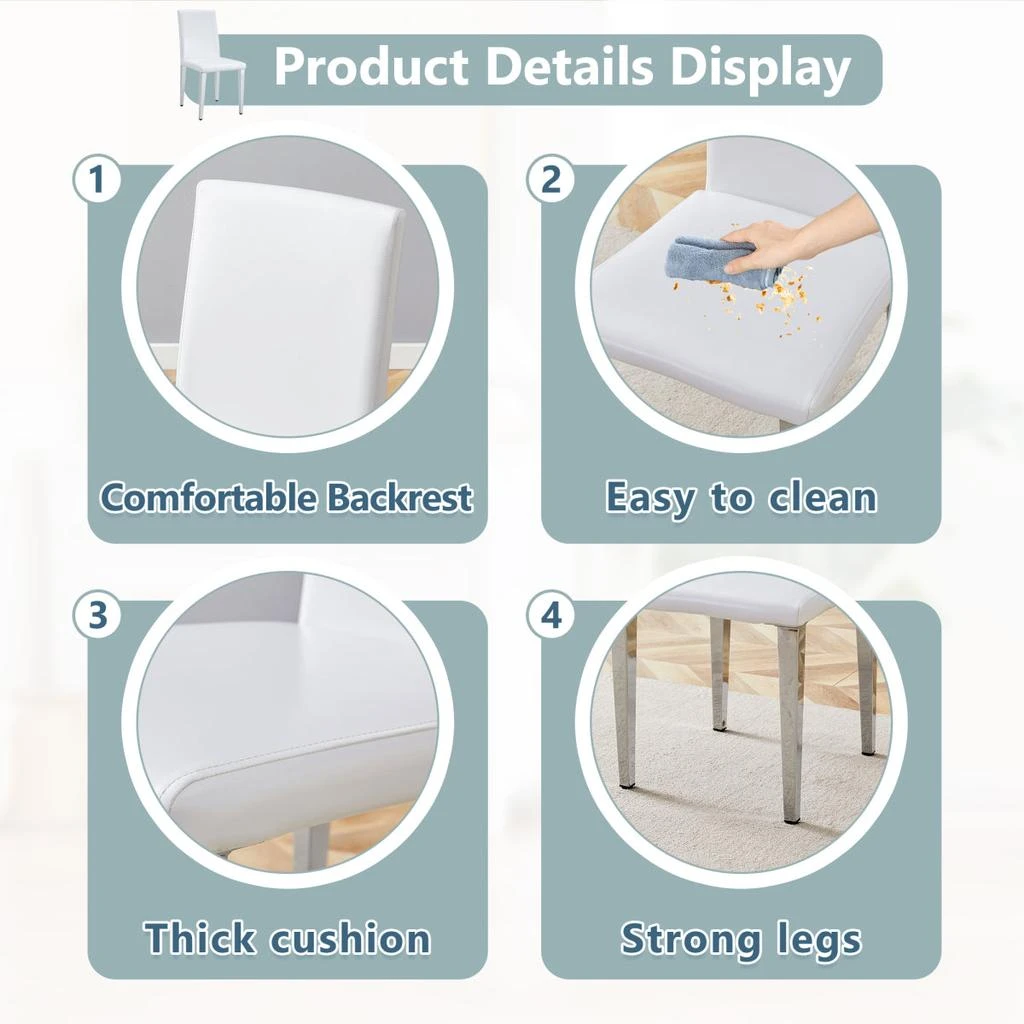 Streamdale Furniture Streamdale Two White PU Dining Chairs with Silver Metal Legs (Set of 2) 6