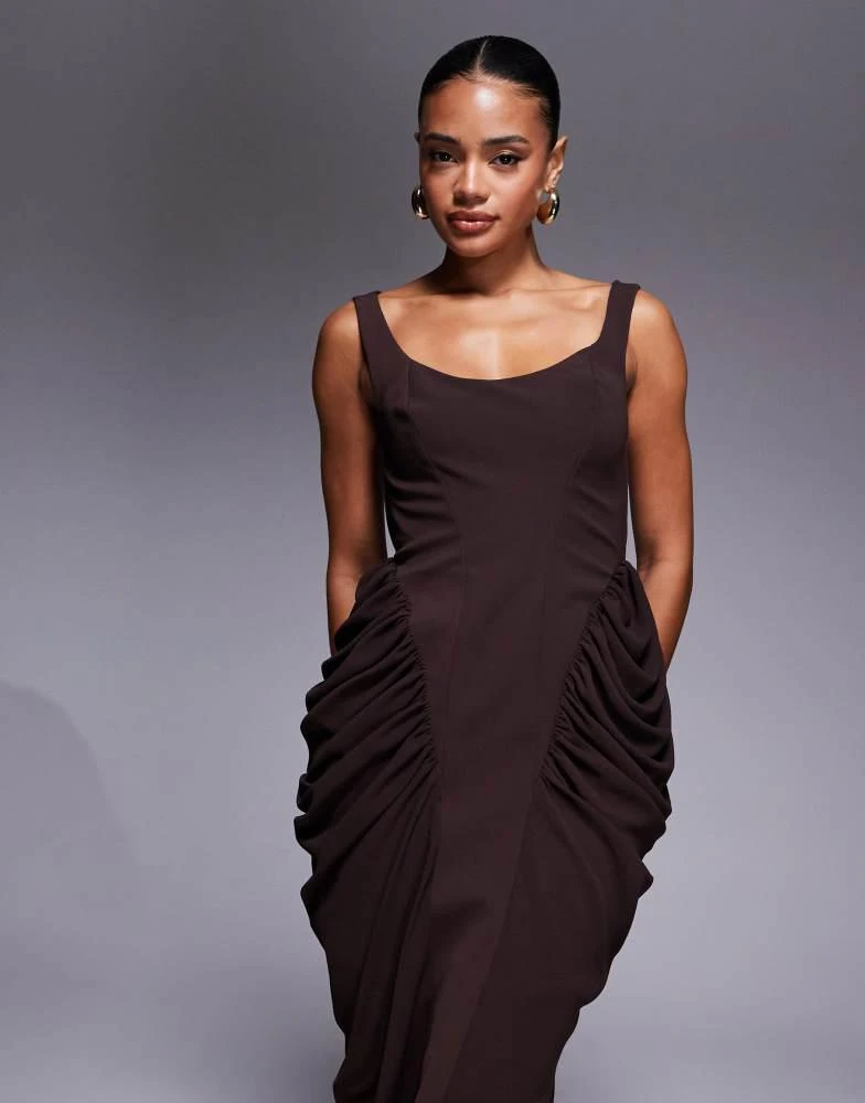 ASOS ASOS DESIGN scoop neck bonded bodice maxi dress with draped skirt in chocolate 2