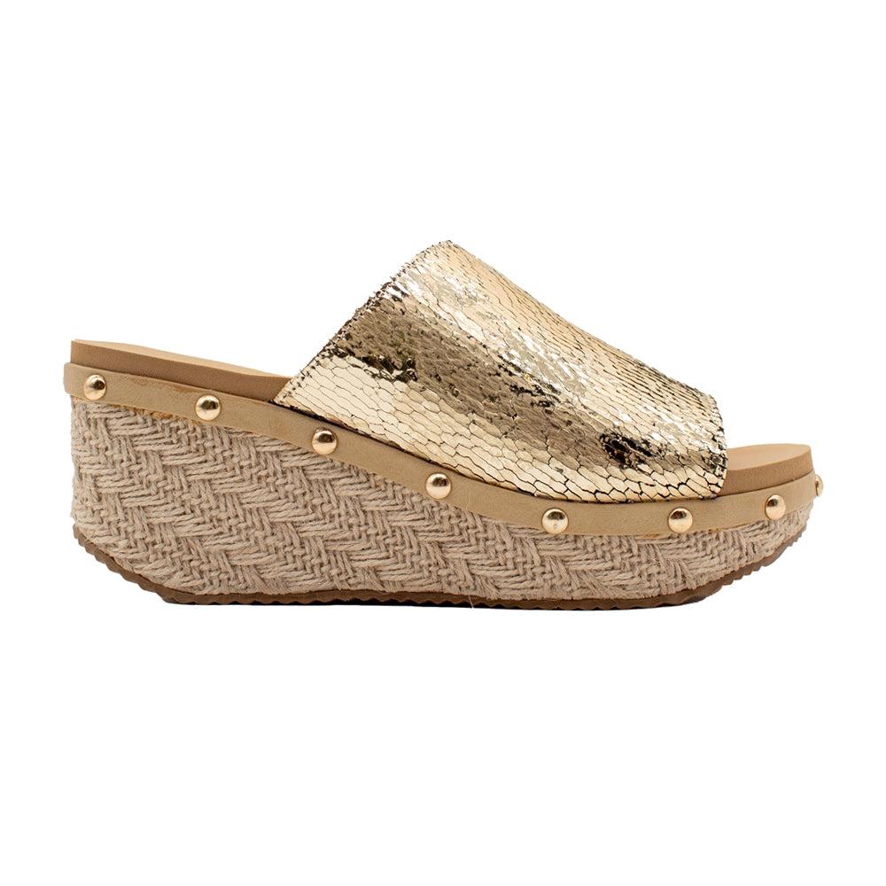 VOLATILE Ravine Metallic Studded Wedge Sandals