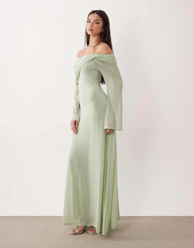 ASOS Design off the shoulder draped neck long sleeve maxi dress in sage-Green