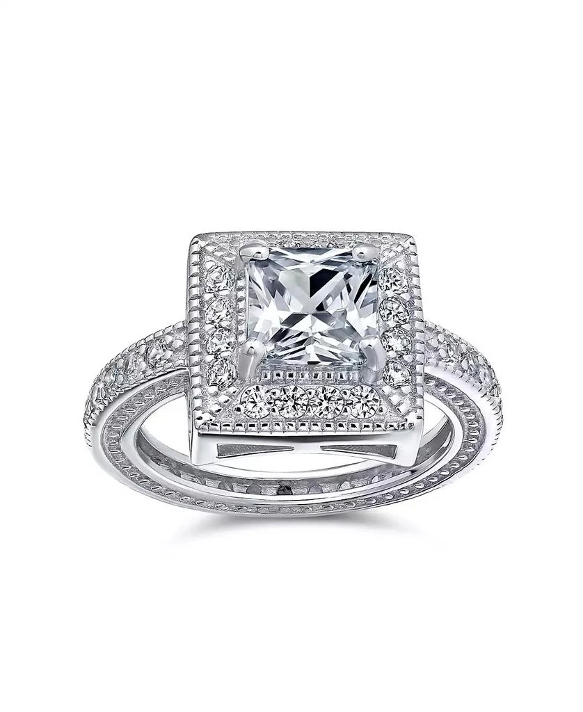 Bling Jewelry 2CT Art Deco Style Cubic Zirconia Milgrain Princess Cut Square Halo CZ Promise Ring With Eternity Band Sterling Silver