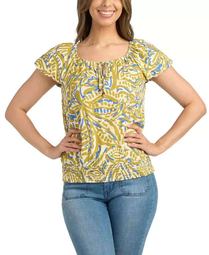BCX Juniors' Printed Bubble-Sleeve Smocked-Hem Peasant Top 1