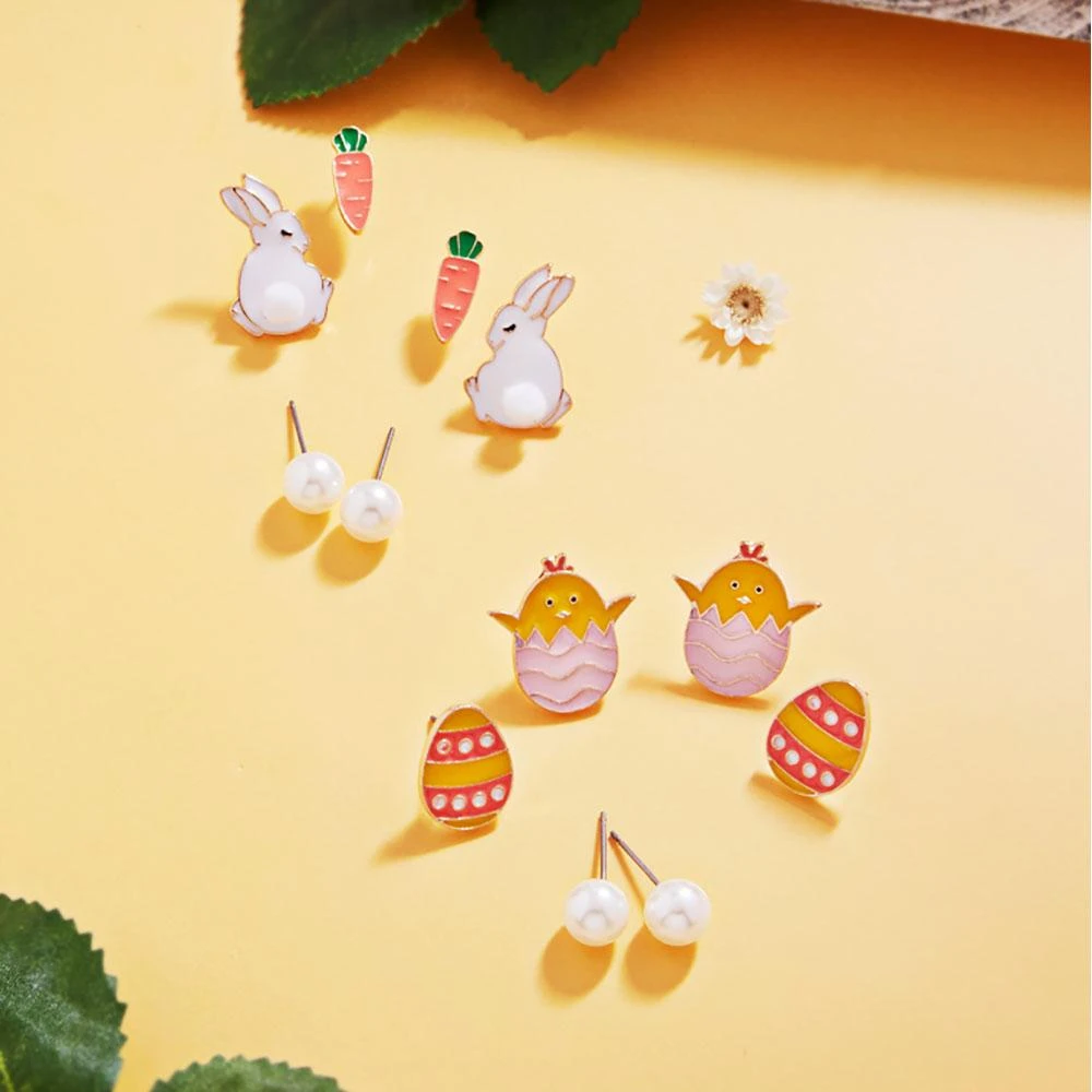 FASHNZFAB 3Pairs - Easter Bunny Carrot Pearl Stud Earrings Set 4