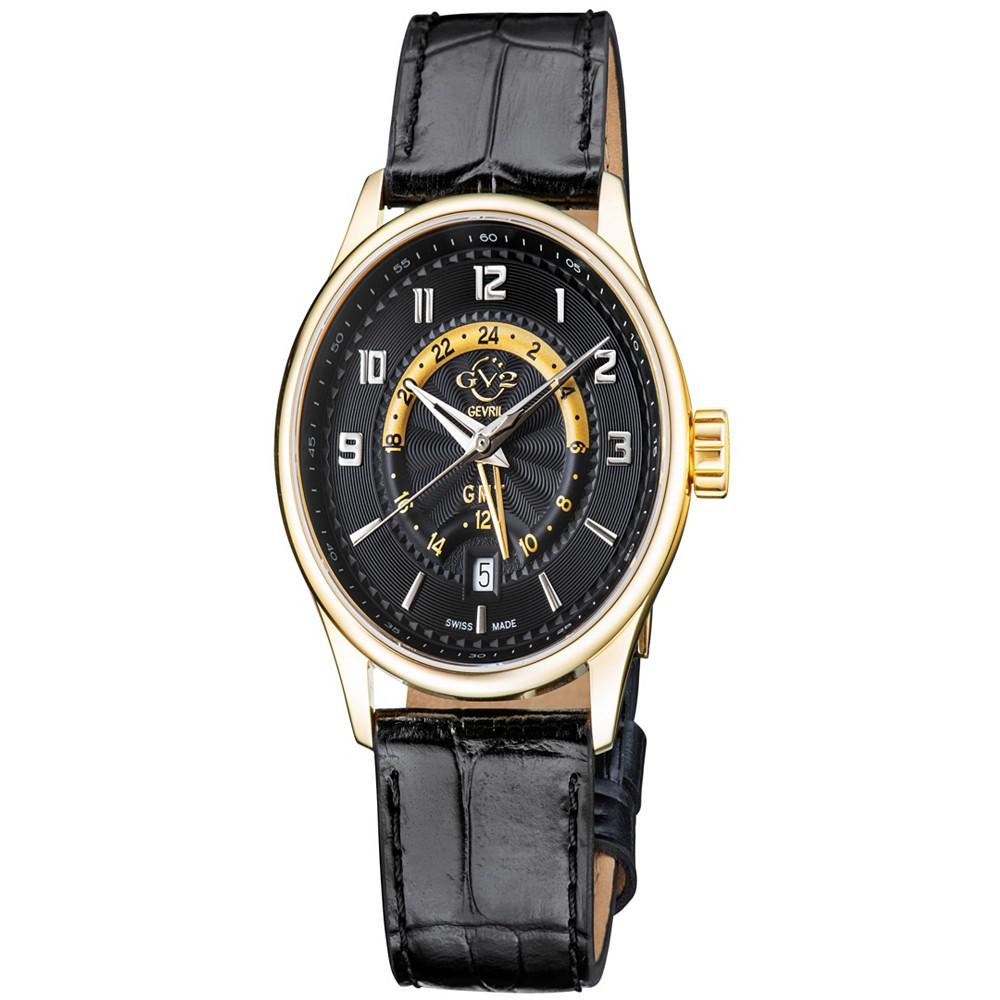 Gevril Men's Giromondo Swiss Quartz Black Genuine Leather Strap Watch 42mm