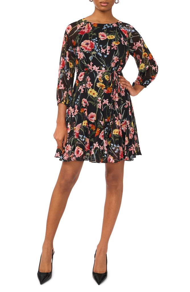 Halogen Floral Balloon Sleeve Chiffon Fit & Flare Dress