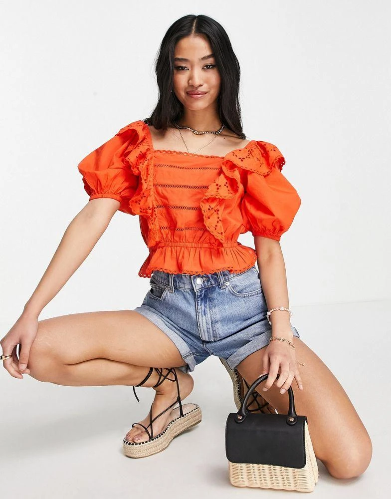 Miss Selfridge Miss Selfridge festival broderie frill detail crop top in burnt orange 4