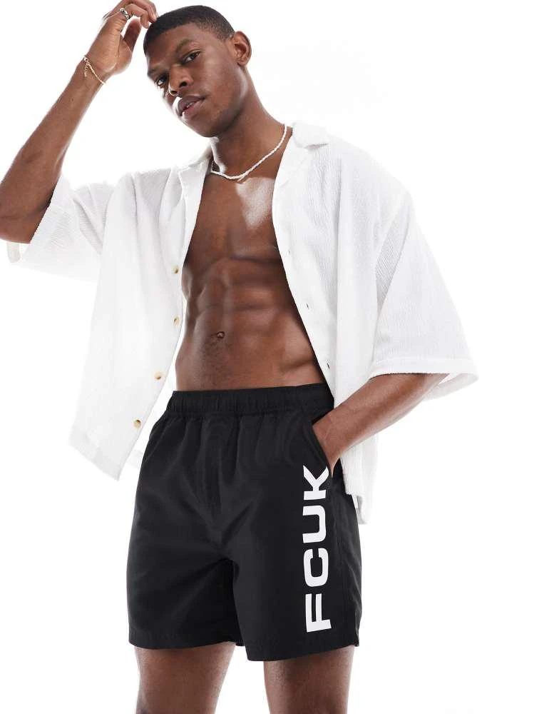 French Connection Mens French Connection FCUK logo swim trunks in black and white 1