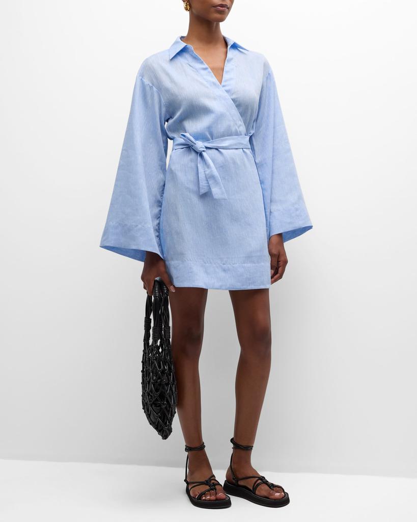 BONDI BORN Nikko Linen Bell-Sleeve Mini Wrap Dress