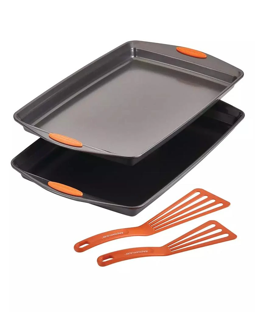 Rachael Ray Bakeware Oven Lovin' Nonstick Double Batch Cookie Pan and Utensil Set, 4-Pc., Orange Handles 1