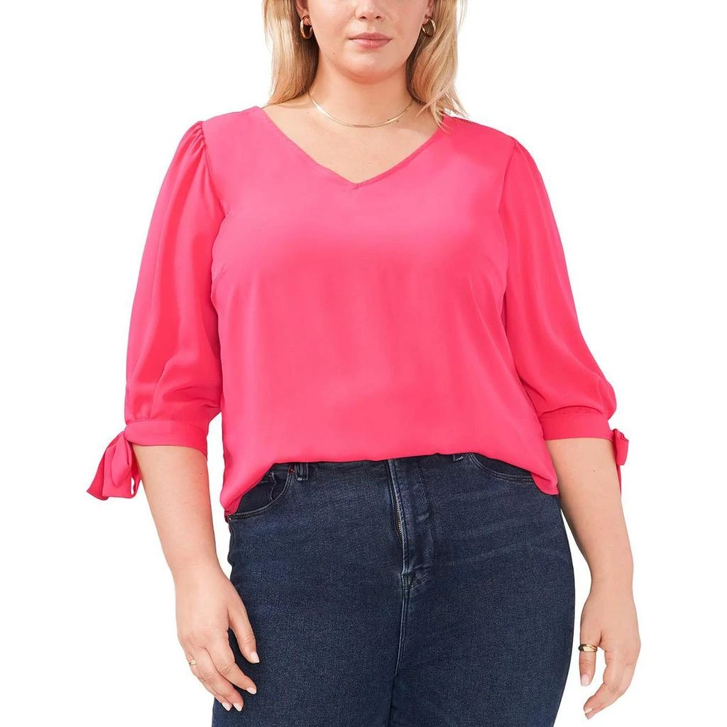 Vince Camuto Plus Womens Tie Sleeve V-Neck Pullover Top 1