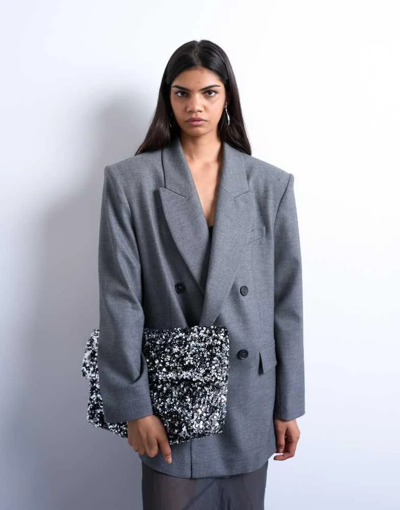 Topshop Topshop Georgia folded clutch grab sequin bag in silver 4