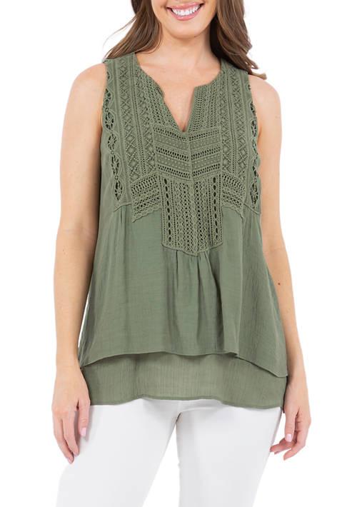 John Paul Richard Paul Richard Womens Double Layer Leno Gauze Top With Lace Yoke