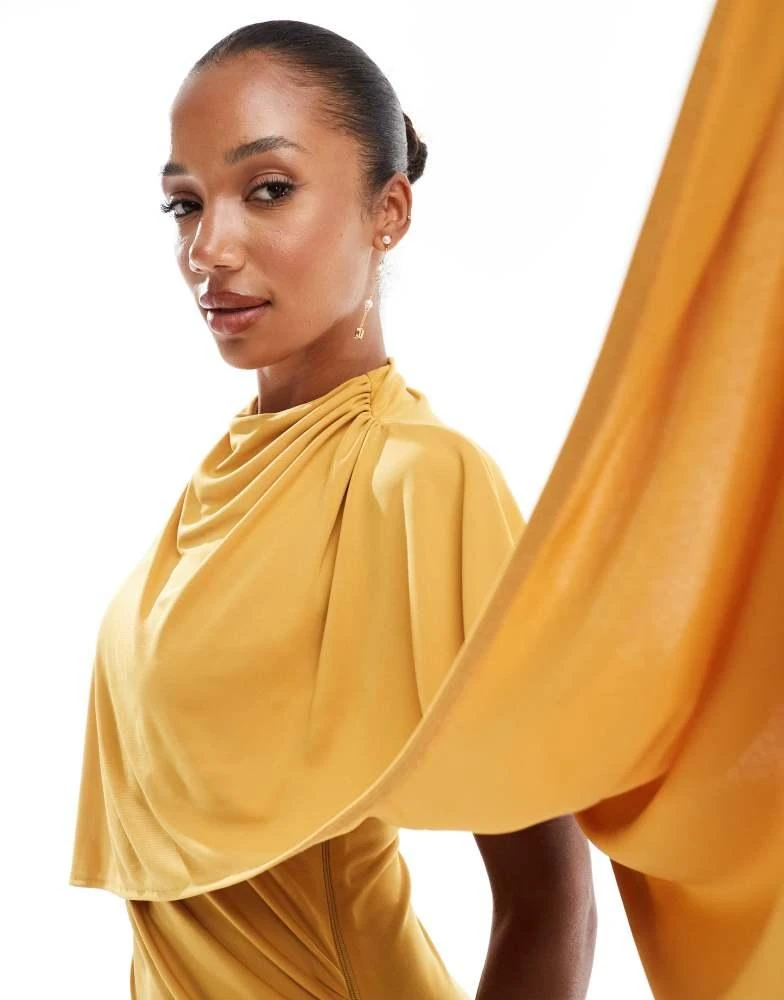 ASOS ASOS DESIGN one shoulder cape red carpet maxi dress with train in ochre 4