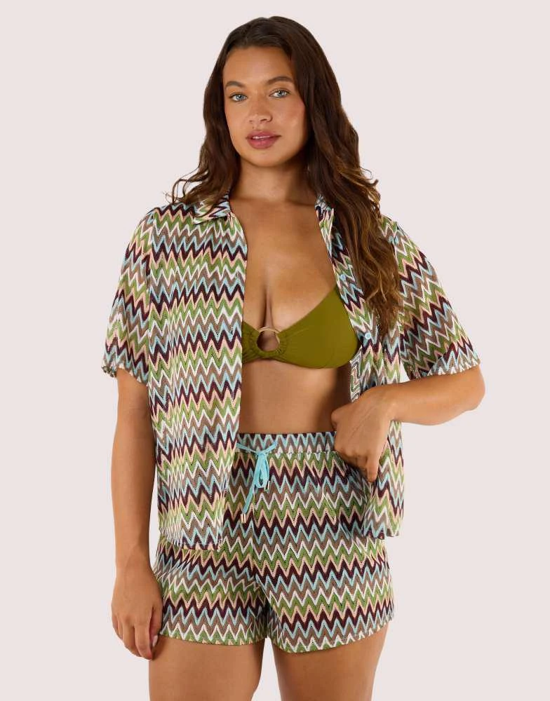 Wolf & Whistle Wolf & Whistle Kalahari zig zag crochet beach shirt in khaki 3