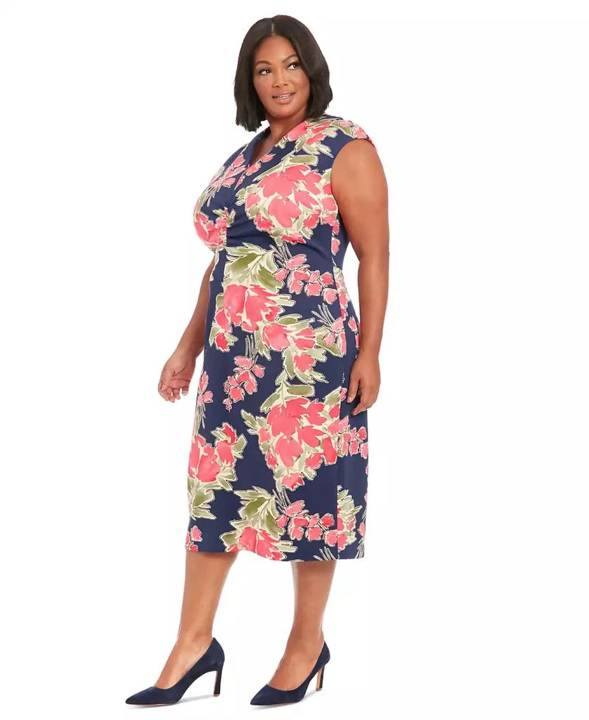 London Times Plus Size V-Neck Ruched-Front Dress - Navy Berry - 16W