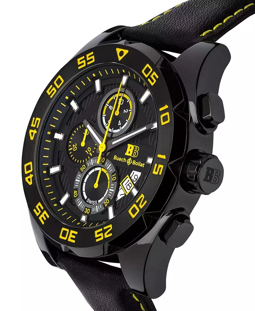 Buech & Boilat Torrent Men's Chronograph Watch Black Leather Strap, Black and Yellow Dial, 44mm 2