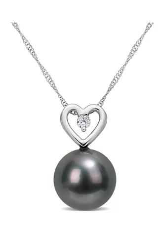 Belk & Co. Co. 9.5 10Mm Black Tahitian Cultured Pearl And Diamond Accent Heart Drop Pendant With Chain In 10K White Gold